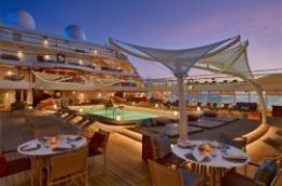 Pool deck on Seabourn Encore at sunset