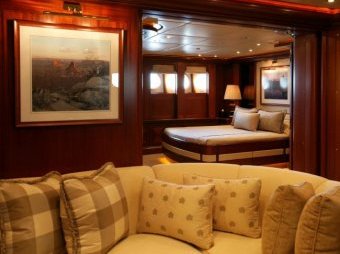 The yacht features solid mahogany interiors. Photo: Supplied
